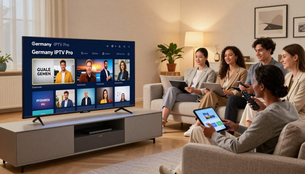 Ein elegantes, modernes digitales Setup präsentiert „Germany IPTV Pro“ in einem stilvollen Wohnzimmer. Im Vordergrund zeigt ein hochauflösender Smart-TV eine IPTV-Oberfläche mit deutschen Sendern, umgeben von einem minimalistischen Entertainment-Center. Im Mittelgrund befindet sich ein bequemes Sofa in neutralen Farben, auf dem eine Gruppe technikbegeisterter Personen in Businesskleidung mit Fernbedienungen und Tablets interagiert. Sanftes Umgebungslicht im Hintergrund schafft eine warme Atmosphäre, dezente Dekorationselemente wie Topfpflanzen und gerahmte Kunstwerke runden das Bild ab. Die Szene ist durch einen leichten Neigungswinkel gekonnt komponiert, der die dynamische Interaktion mit der Technologie betont und ein Gefühl von modernem Wohnen und digitaler Vernetzung in Deutschland vermittelt.