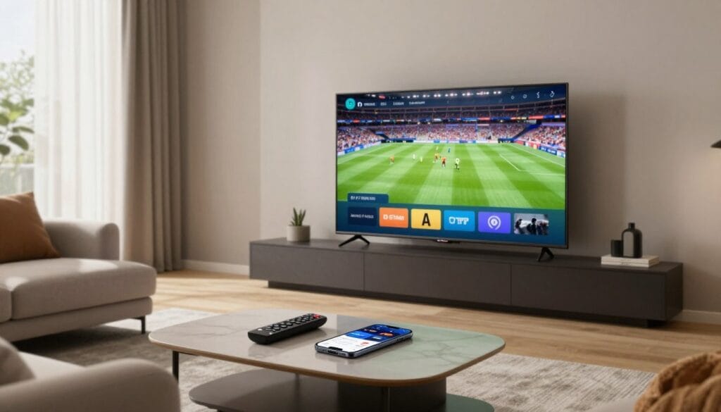 Ein modernes Wohnzimmer mit einem eleganten Smart-TV, dessen IPTV-Oberfläche speziell für deutsche Sportkanäle optimiert ist. Im Vordergrund steht ein stilvoller Couchtisch mit Fernbedienung und Smartphone, auf dem eine Streaming-App geöffnet ist. Im Mittelgrund überträgt der an der Wand montierte Smart-TV ein spannendes Sportereignis in brillanten Farben und dynamischen Bewegungen. Ein bequemes Sofa mit weichen Kissen lädt zum Verweilen vor dem Fernseher ein. Große Fenster lassen sanftes Tageslicht herein und schaffen eine warme und einladende Atmosphäre. Das Ambiente spiegelt einen modernen und technikaffinen Lebensstil wider – perfekt für Sport-Streaming. Abgerundet wird die Szene durch eine aufgeräumte, moderne Einrichtung in neutralen Tönen, die zu einer professionellen und gleichzeitig gemütlichen Atmosphäre beiträgt.