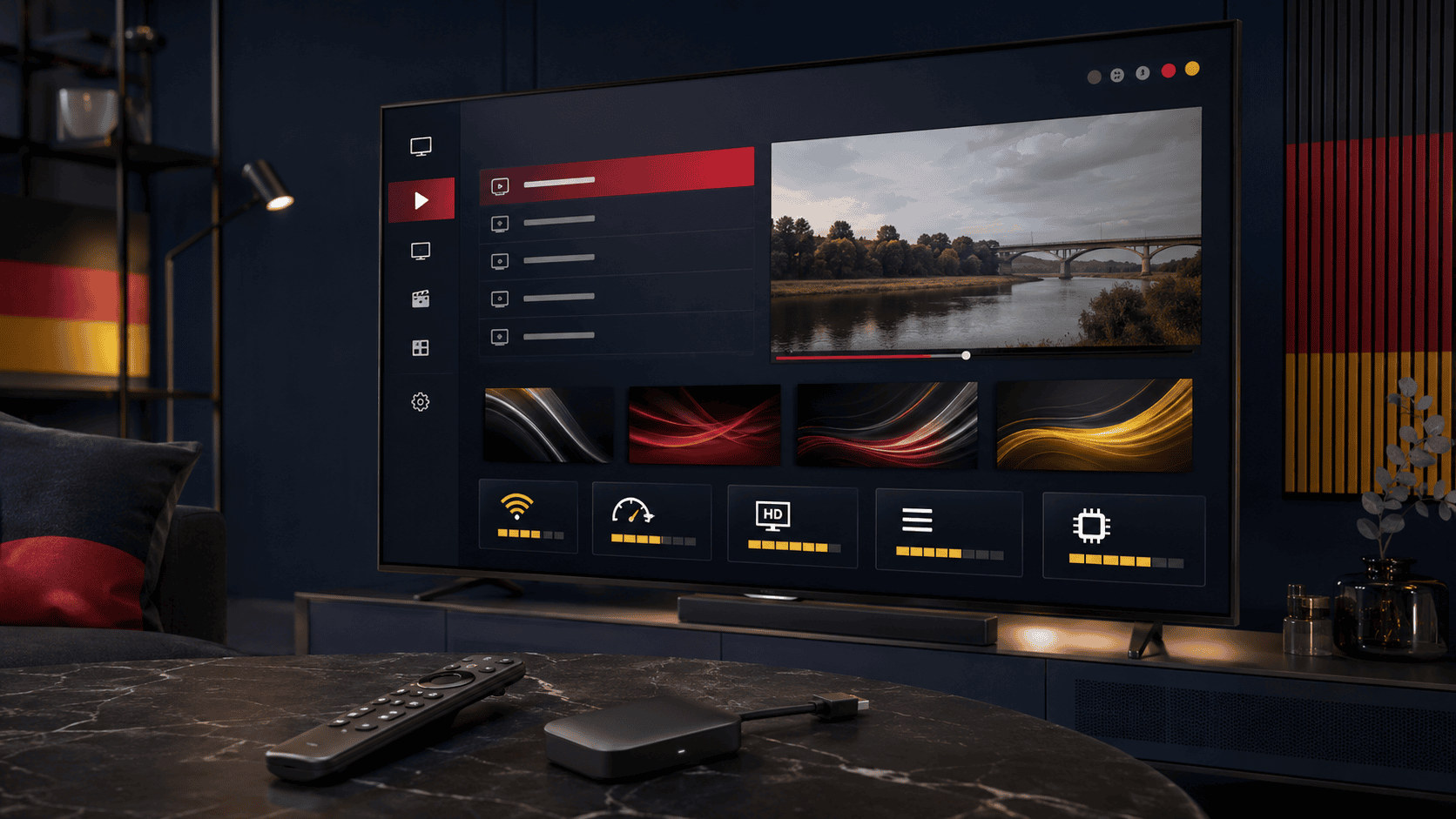 Firestick IPTV Test auf Smart TV mit Fernbedienung und Streaming-Gerät