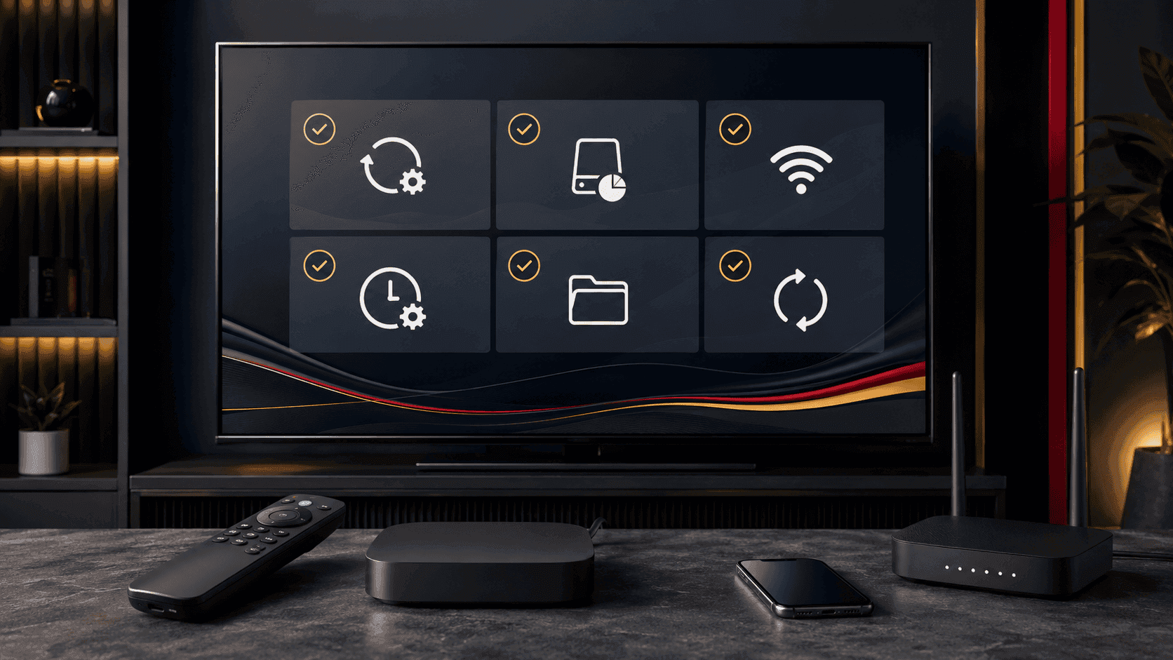 Vorbereitung eines Firestick IPTV Tests mit Smart TV Router und Fernbedienung